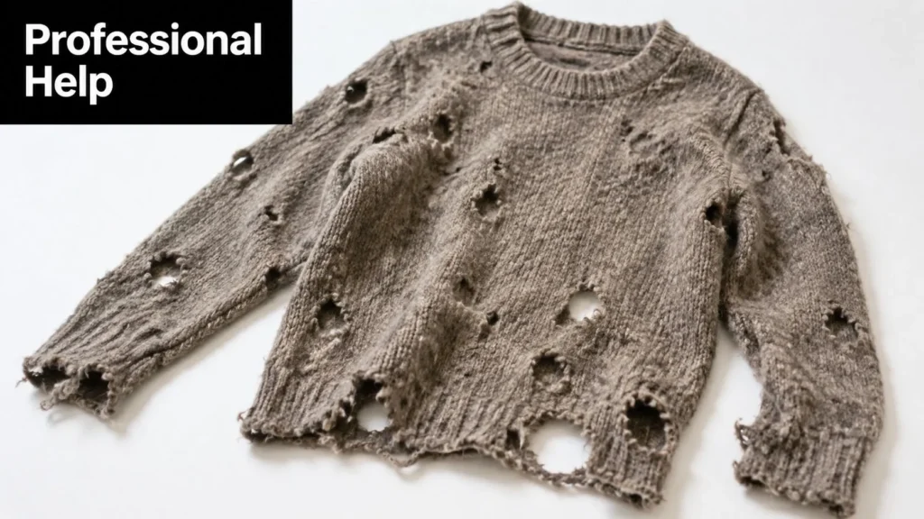 Clothes moth-damaged wool sweater with numerous holes, illustrating severe infestation and the need for professional help.