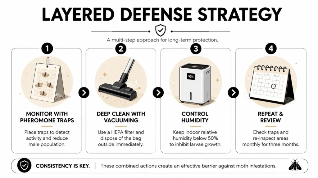 Layered clothes moth defense strategy using pheromone traps, HEPA vacuuming, humidity control, and monthly inspections.