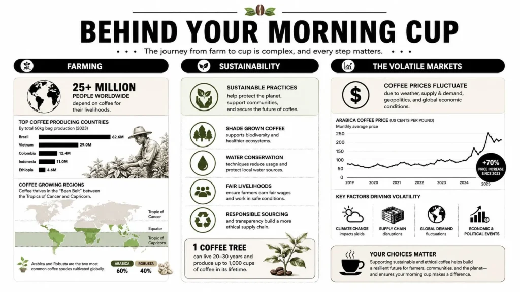 Coffee infographic covering farming, sustainability, producing regions, market prices, and factors affecting the global coffee trade.