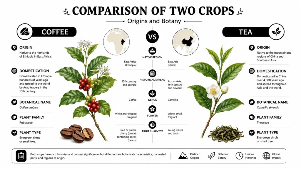 Coffee vs. tea infographic comparing origins, botany, domestication, plant families, flowers, and harvested parts.