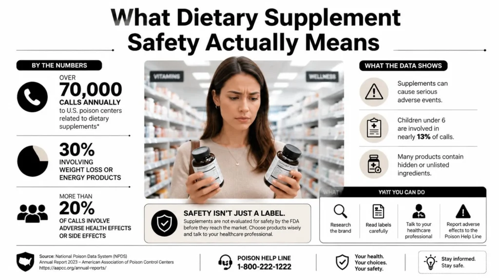 Dietary supplement safety infographic showing health risks, poison center data, label advice, and consumer safety tips.