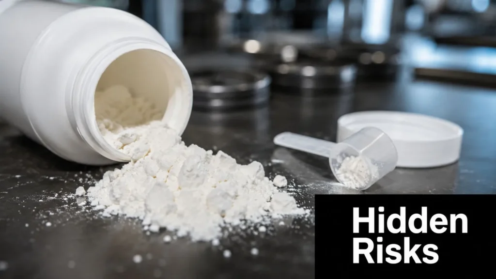 Protein powder supplement spilled beside a scoop and container, highlighting hidden risks and dietary supplement safety.