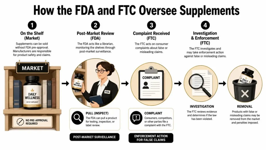 FDA and FTC supplement oversight infographic showing post-market review, complaints, investigations, enforcement, and removal.