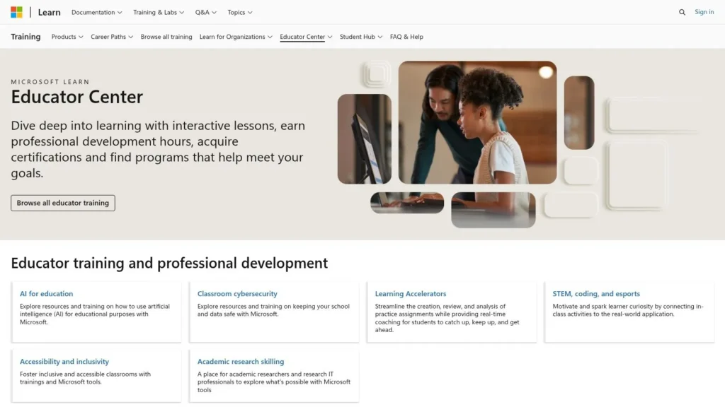 Top 10 Education Technology Tools for 2026 Microsoft Learn Educator Center offering teacher training in AI, cybersecurity, accessibility, STEM, and professional development.