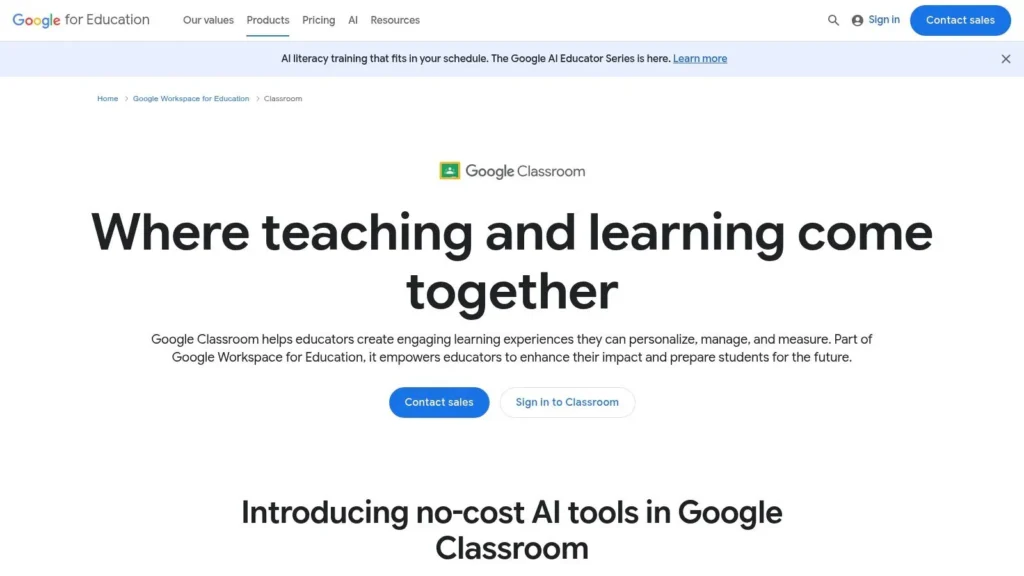 Top 10 Education Technology Tools for 2026 Google Classroom webpage highlighting teaching, learning, personalized education, and no-cost AI tools for educators.