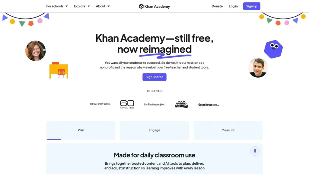Top 10 Education Technology Tools for 2026 Khan Academy homepage promoting free classroom learning tools, AI features, and resources for teachers and students.