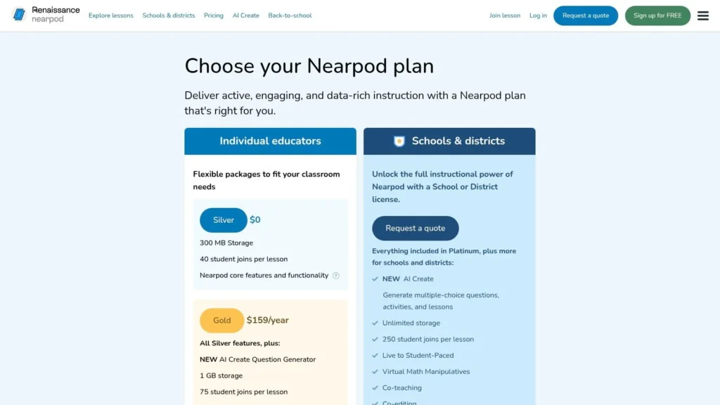 Top 10 Education Technology Tools for 2026 Nearpod pricing page comparing plans for individual educators, schools, and districts, including free and paid options.