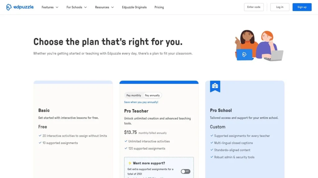 Top 10 Education Technology Tools for 2026 Edpuzzle pricing page comparing Basic, Pro Teacher, and Pro School plans for interactive classroom lessons and teaching tools.