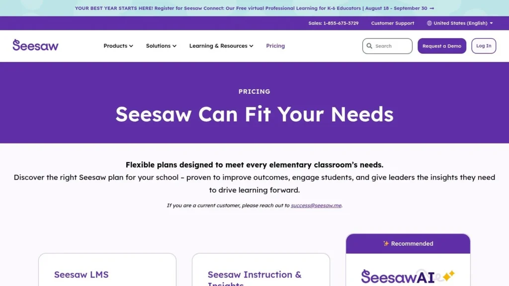Top 10 Education Technology Tools for 2026 Seesaw pricing page highlighting flexible education plans for schools, including LMS, instruction, insights, and AI options.