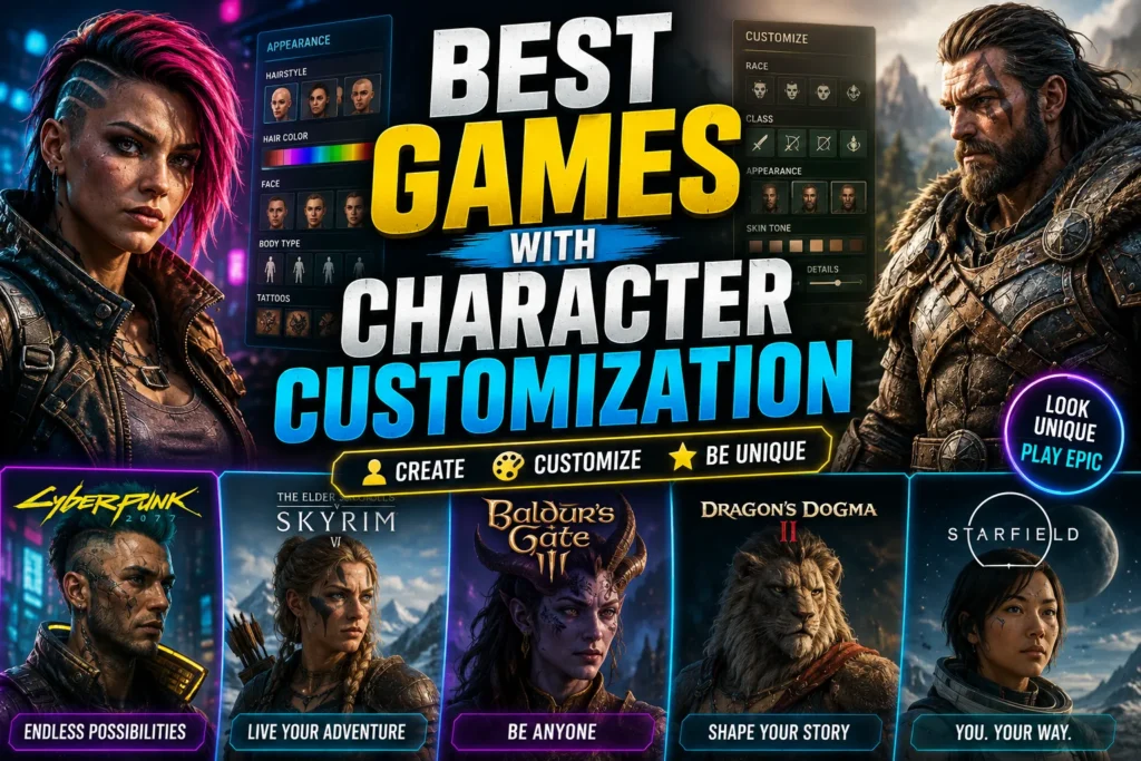 Gaming thumbnail featuring customizable fantasy and sci-fi characters with appearance, class, hairstyle, and body options.