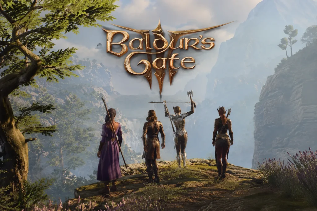 7 Best Games with Character Customization for 2026 Baldur’s Gate 3 fantasy scene with four adventurers overlooking a vast mountain valley beneath the game logo.