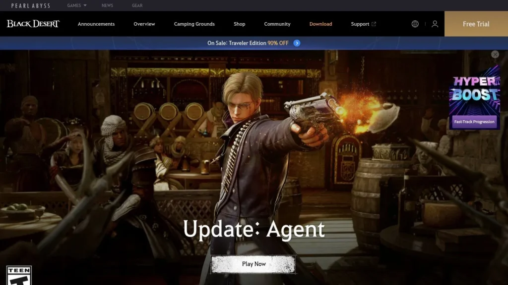 Black Desert game website showing the Agent update with an armed character, navigation menu, and Play Now button.