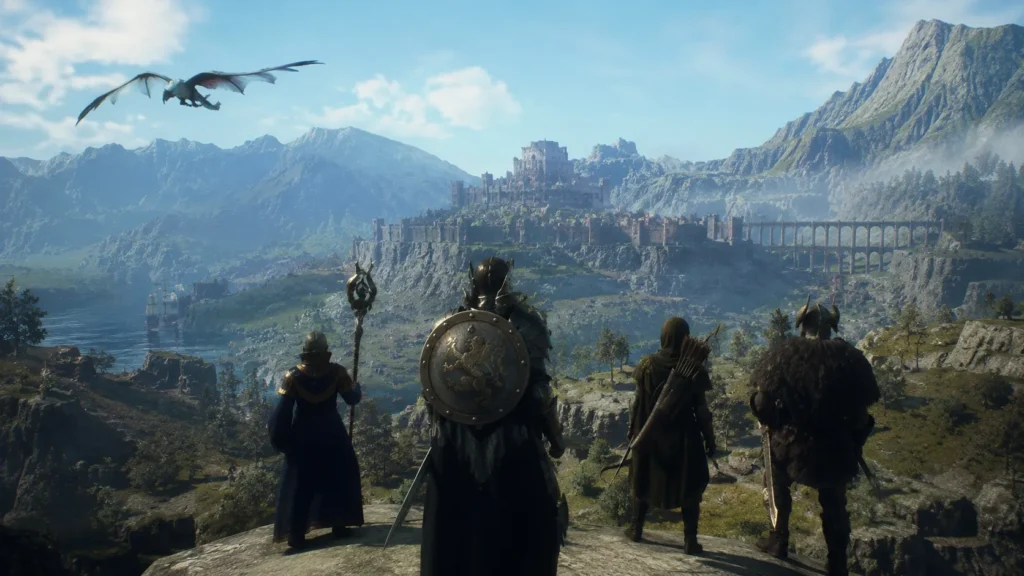7 Best Games with Character Customization for 2026 Four fantasy adventurers overlook a vast mountain kingdom and castle as a dragon flies across the bright sky.