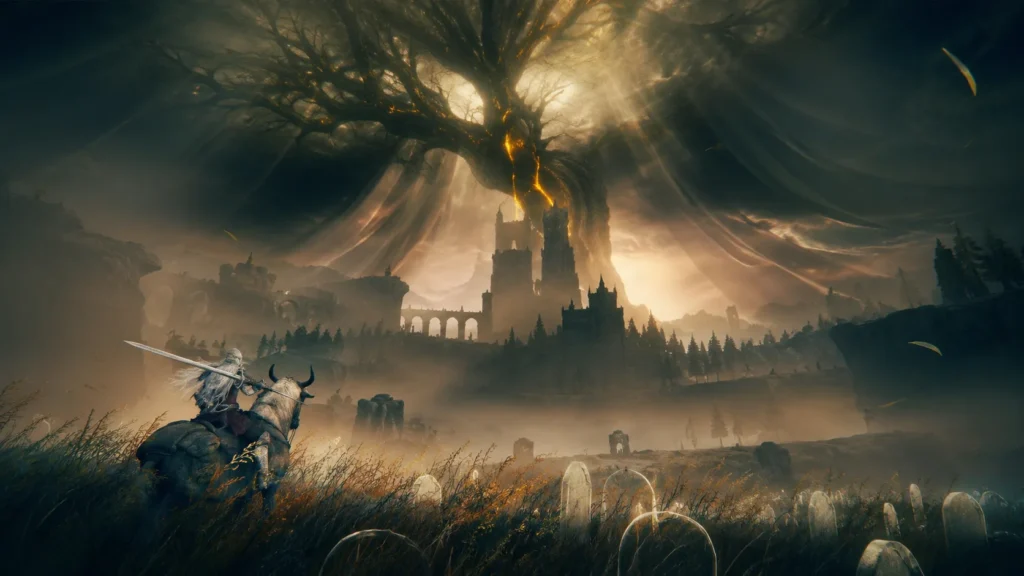7 Best Games with Character Customization for 2026 Armored rider overlooks a misty fantasy kingdom beneath a colossal glowing tree and dramatic golden sky.