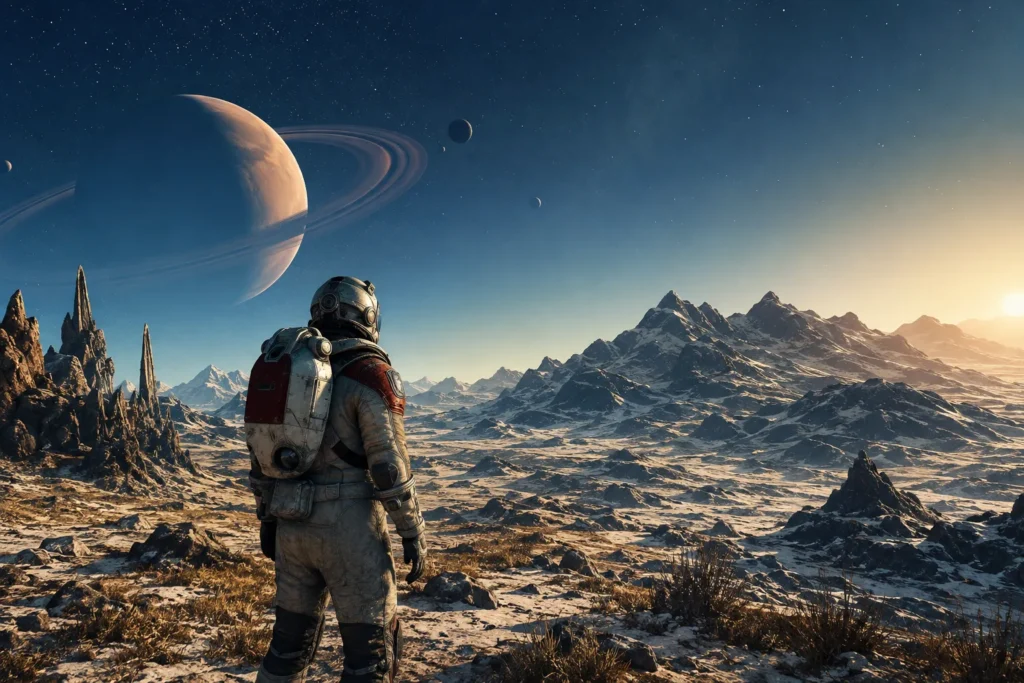 7 Best Games with Character Customization for 2026 Astronaut explores a rugged alien planet beneath a vast starry sky with a giant ringed world and distant mountains.