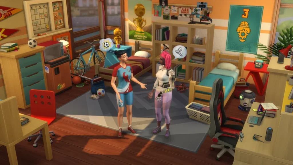 7 Best Games with Character Customization for 2026 The Sims 4 scene showing two customized characters talking inside a colorful, detailed bedroom with beds and décor.