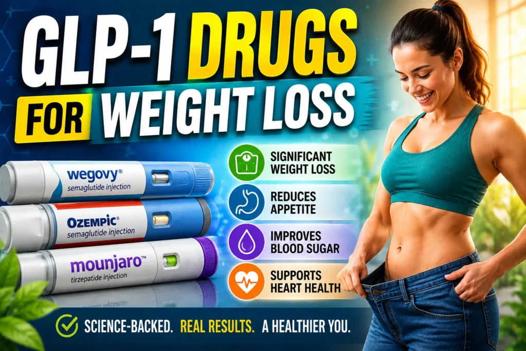 GLP-1 Drugs for Weight Loss: What the Evidence Really Shows GLP-1 weight loss thumbnail featuring injection pens, a fit woman, and benefits for appetite, blood sugar, and heart health.