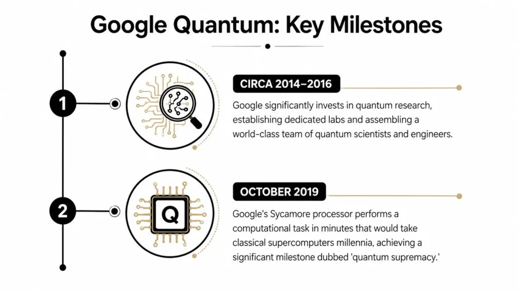 Google Quantum Computing: A 2026 Deep Dive Google Quantum timeline highlighting early research investments and the 2019 Sycamore quantum computing milestone.