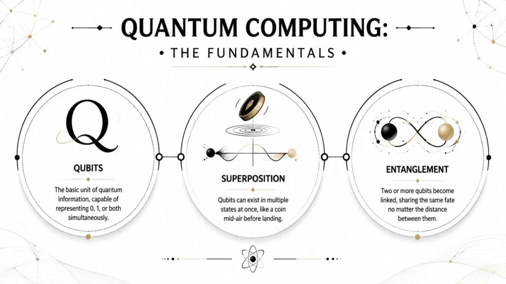 Google Quantum Computing: A 2026 Deep Dive Quantum computing fundamentals infographic explaining qubits, superposition, and entanglement with simple visual diagrams.