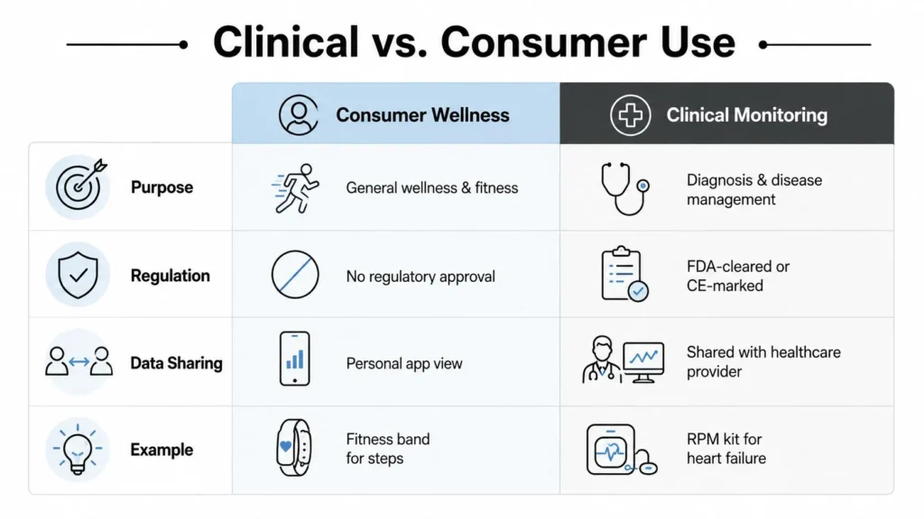Health Monitoring Devices Explained Clinical vs. consumer health monitoring devices compared by purpose, regulation, data sharing, and examples.