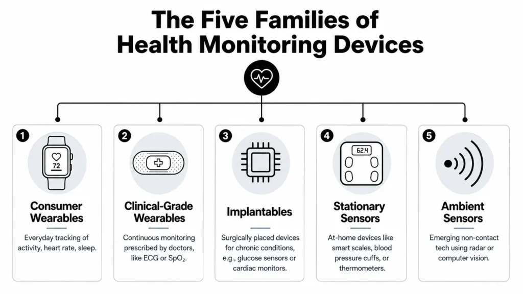 Health Monitoring Devices Explained Five types of health monitoring devices: consumer and clinical wearables, implantables, stationary sensors, and ambient sensors.