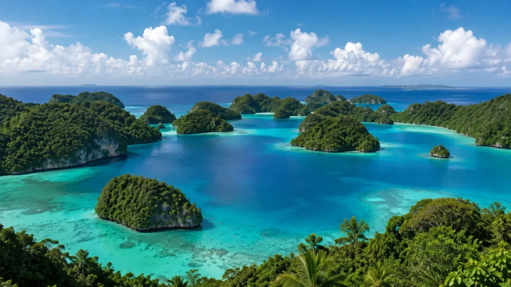 Palau tropical seascape with lush green islands surrounded by turquoise lagoons and deep blue ocean under a bright sky.
