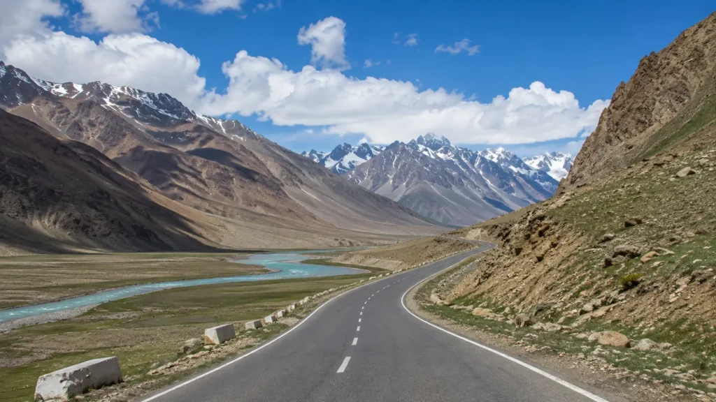 Pamir Highway winding through a rugged mountain valley beside a turquoise river with snow-capped peaks under a blue sky.