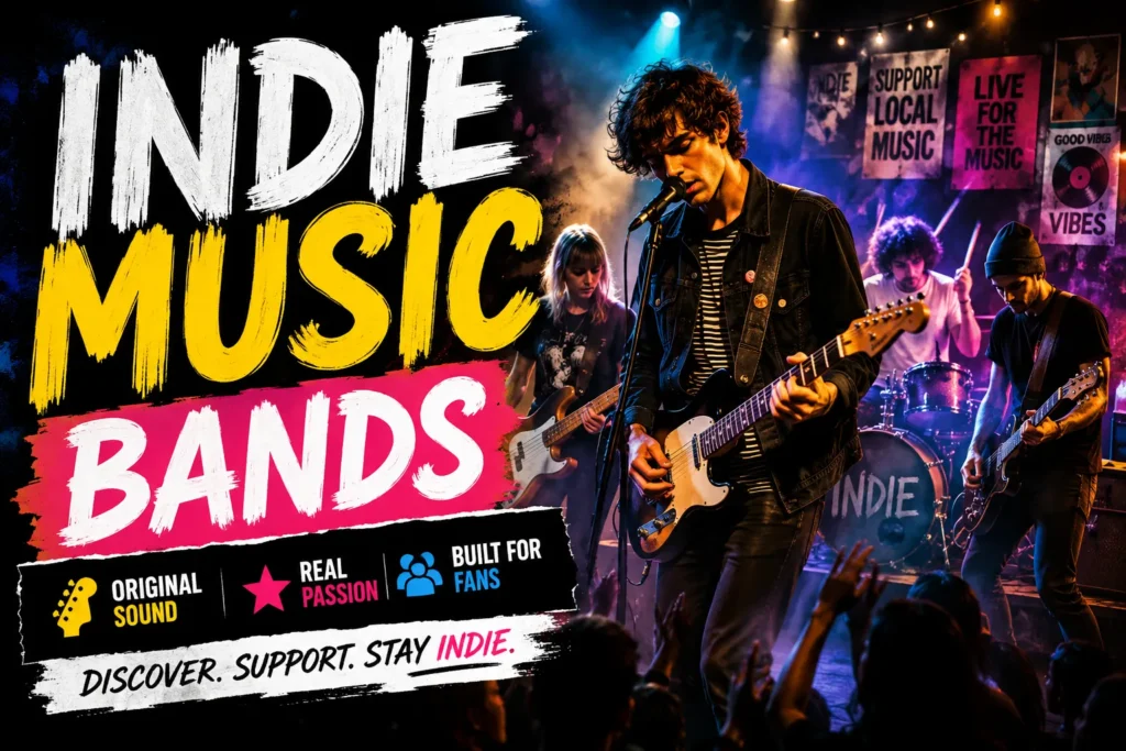 Indie music band performs live on a colorful neon-lit stage with guitars, drums, and an energetic crowd.