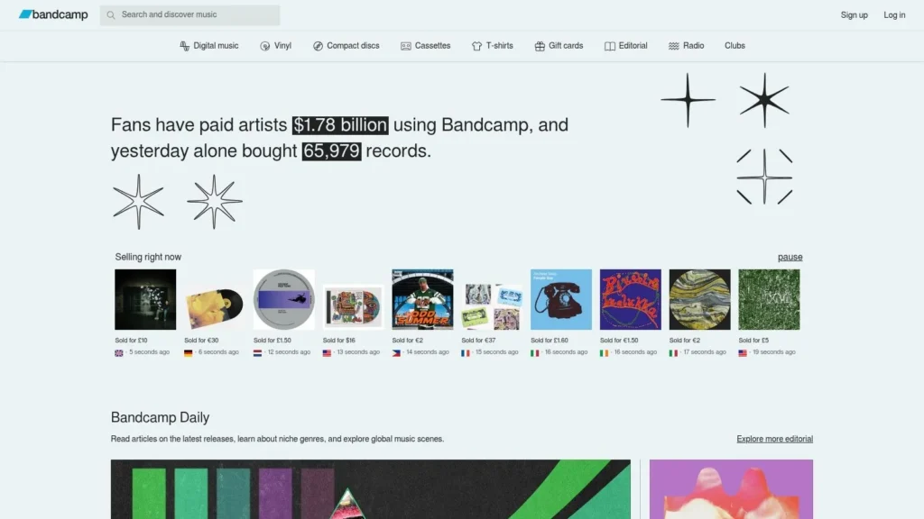 Bandcamp homepage showing music sales, recent record purchases, discovery categories, and Bandcamp Daily features.