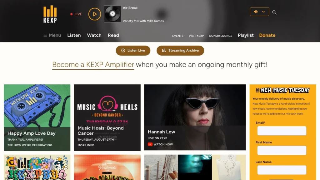 KEXP website featuring live radio, music events, artist performances, playlists, and new music discovery.