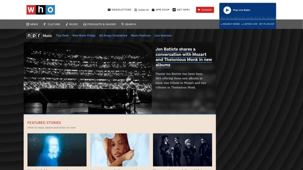 NPR Music homepage featuring artist news, live radio, music features, live sessions, and featured stories.