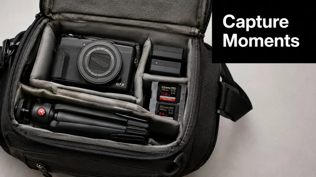 10 Packing List Essentials for Every Trip Travel camera bag packed with a compact camera, tripod, spare batteries, and memory cards for capturing trip memories.