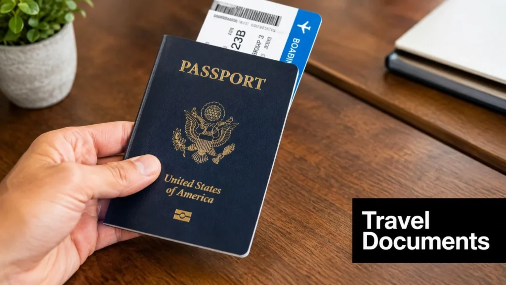 10 Packing List Essentials for Every Trip Hand holding a U.S. passport and boarding pass on a wooden table, illustrating essential travel documents.