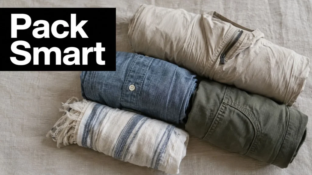 10 Packing List Essentials for Every Trip Rolled travel clothing arranged compactly for efficient packing, with a bold “Pack Smart” message.