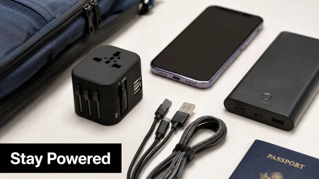 10 Packing List Essentials for Every Trip Travel tech essentials including a universal adapter, smartphone, power bank, charging cables, passport, and carry-on bag.