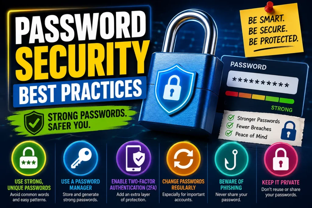 Password Security Best Practices for 2026: 10 Key Tips Password security best practices with strong passwords, password managers, 2FA, phishing awareness, and privacy.