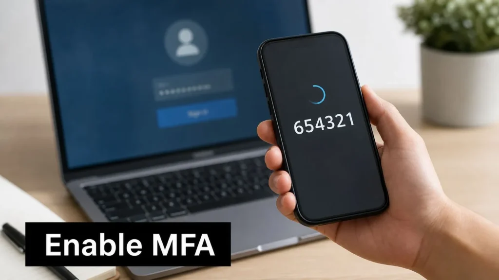 Hand holding a smartphone with an authentication code beside a laptop login screen, illustrating multi-factor authentication.