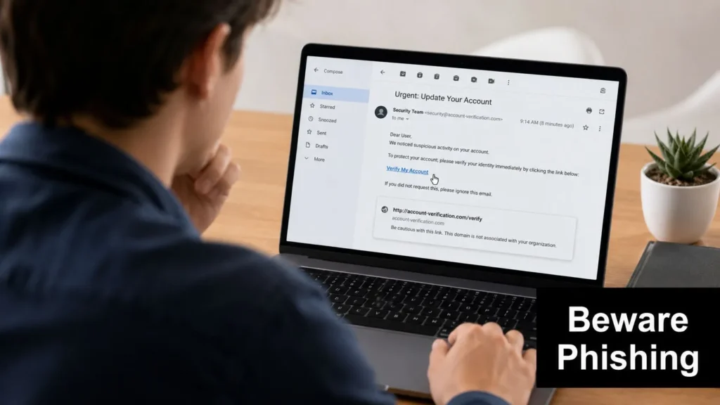 Person viewing a suspicious account verification email on a laptop, illustrating phishing awareness and online security.