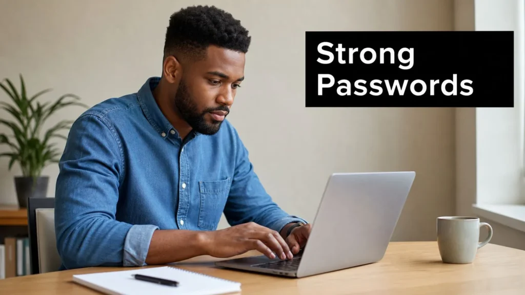 Man using a laptop at a desk beside a bold “Strong Passwords” message promoting secure online accounts.