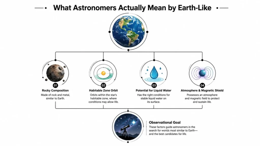 Earth-like planet infographic showing rocky composition, habitable-zone orbit, liquid water, atmosphere, and magnetic field.
