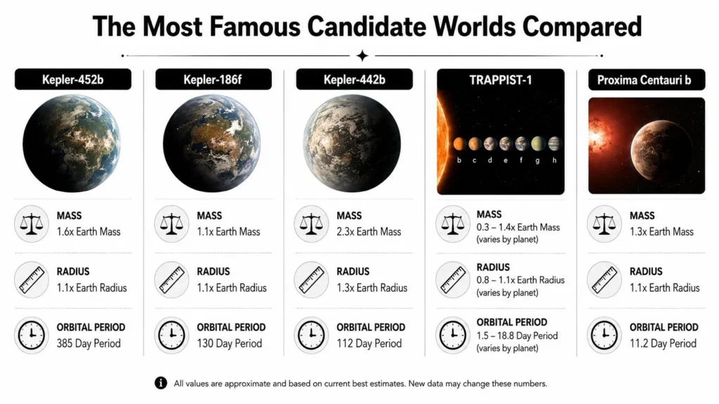 Earth-like exoplanet comparison featuring Kepler candidates, TRAPPIST-1, and Proxima Centauri b with key measurements.