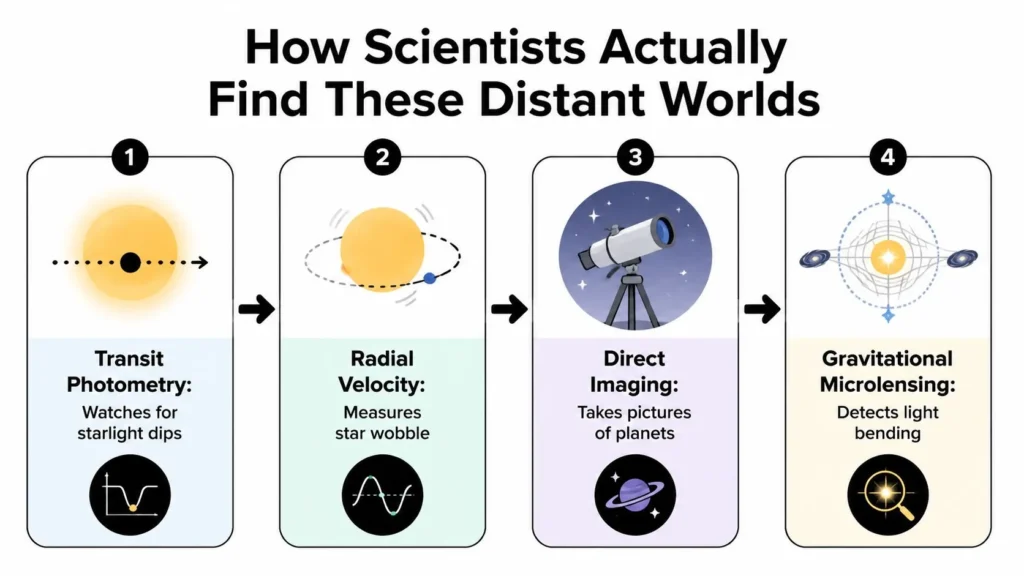 Exoplanet detection infographic showing transit photometry, radial velocity, direct imaging, and gravitational microlensing.