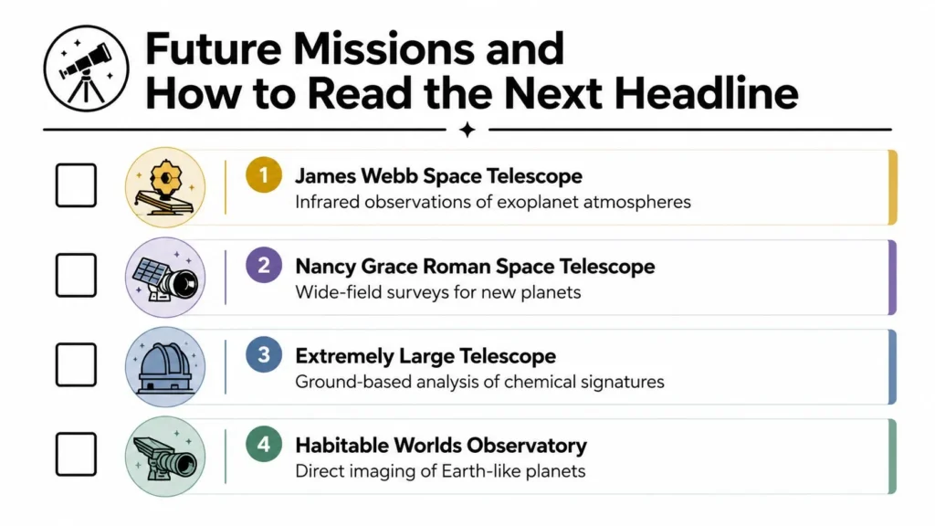 Future exoplanet missions featuring Webb, Roman, ELT, and Habitable Worlds Observatory for studying Earth-like planets.