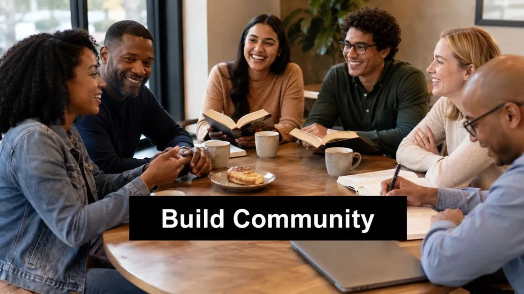 10 Startup Growth Strategies for Sustainable Scale Diverse group sharing books and ideas around a table, illustrating community building for startup growth.