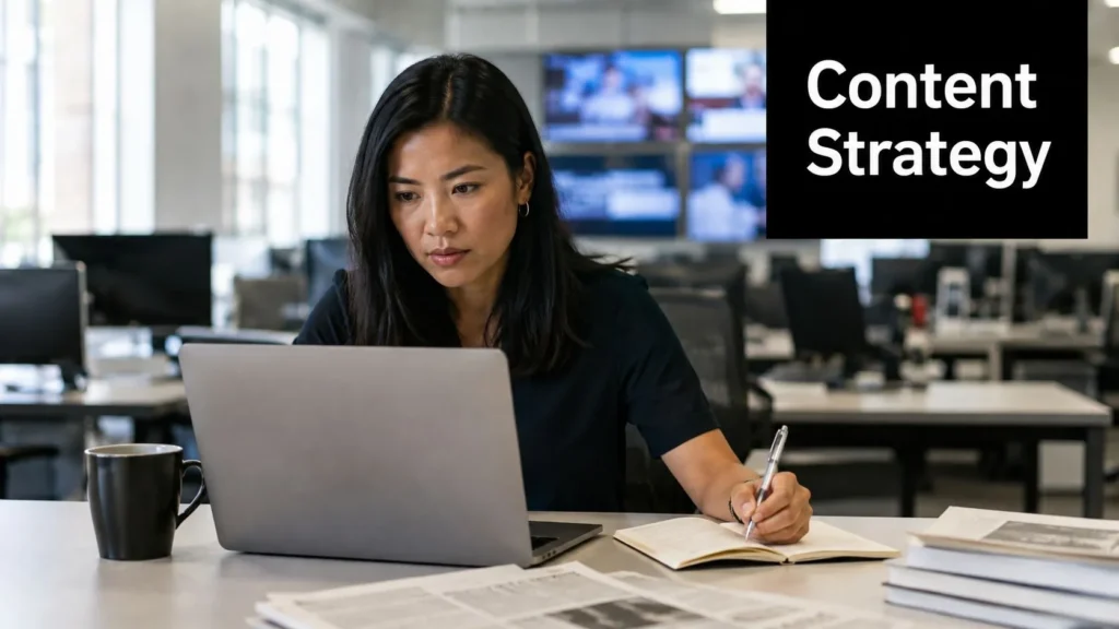 10 Startup Growth Strategies for Sustainable Scale Content strategist working on a laptop and taking notes in a modern office, with a bold “Content Strategy” title.