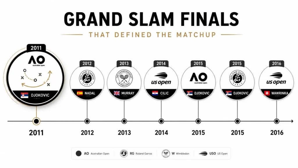 Tennis Murray Djokovic Rivalry and Coaching Legacy Grand Slam finals timeline highlighting Djokovic and Murray alongside Nadal, Cilic and Wawrinka from 2011 to 2016.