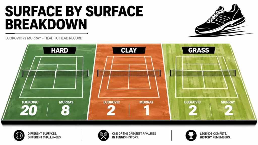 Tennis Murray Djokovic Rivalry and Coaching Legacy Djokovic vs. Murray head-to-head tennis record comparing wins on hard, clay, and grass courts.