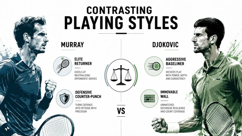 Tennis Murray Djokovic Rivalry and Coaching Legacy Murray and Djokovic playing styles compared, highlighting returning, defense, baseline aggression, and court coverage.