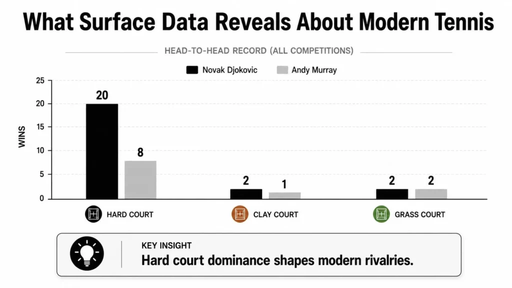 Tennis Murray Djokovic Rivalry and Coaching Legacy Djokovic and Murray head-to-head wins by hard, clay, and grass courts, showing Djokovic’s strong hard-court advantage.
