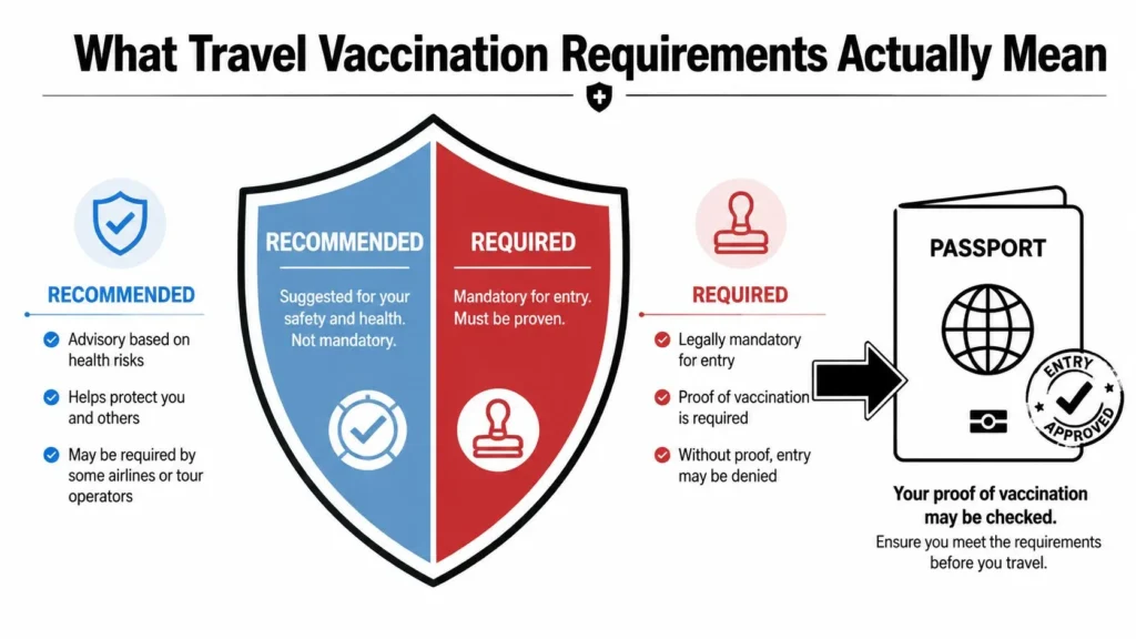 Travel vaccination infographic comparing recommended and required vaccines, proof requirements, and passport entry checks.